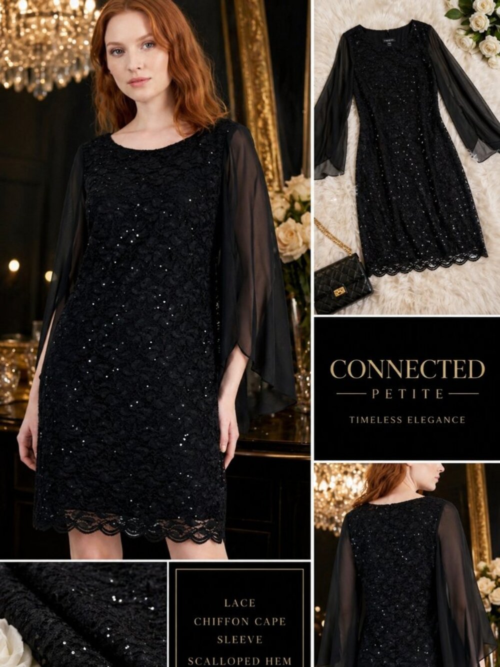 Connected Petite Black Lace Cape Sleeve Dress 6P NWT Cocktail Party